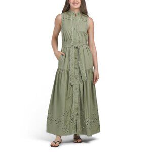 AVEC LES FILLES Olive Sleeveless Embroidered Maxi Dress